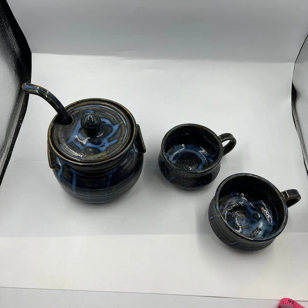 Vintage Signed Studio Pottery Soup Pot with Lid Ladle and 2‎ Bowls Blue Glaze